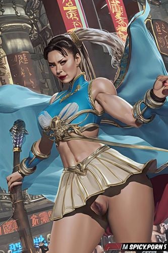 chun li streetfighter, hairy vagina, fat belly, showing upskirt