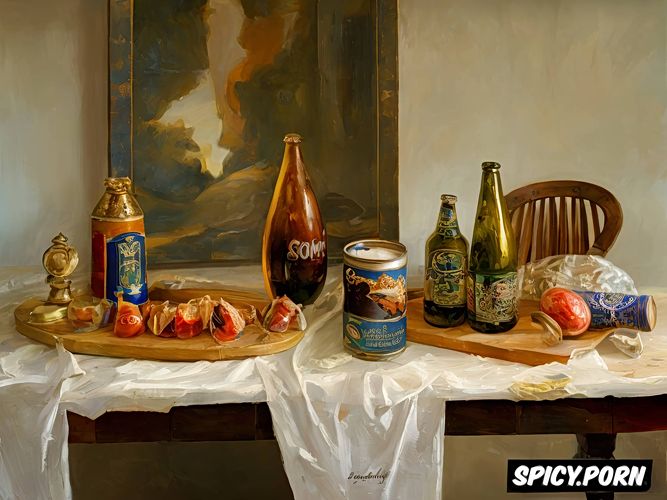 tuna in oil, garlic on a old wooden table, cats, the image shows a still life stilllife