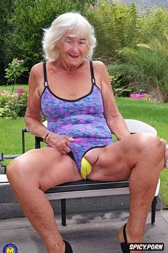 old skinny beautiful wrinkled granny tongue out in detailed spandex yellow short shorts lips cameltoe spread leg sit on bench outside in hot summer showin pussy bulge point of view