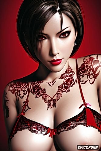ada wong resident evil beautiful face young full body shot, tattoos small perky tits elegant low cut red lace lingerie masterpiece