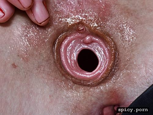 solo female, domestic interior, she gapes her pussy super wide open with her fingers close to the camera so we can see all the way inside her empty anal and vaginal cavities for a highly detailed gynecological view of her cervix