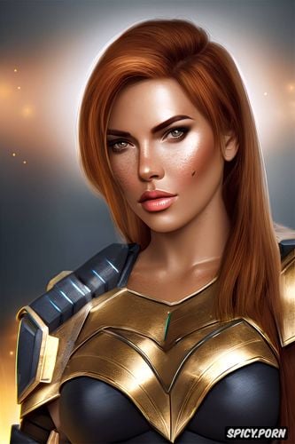 shoulder length copper hair, confident smirk, ultra realistic