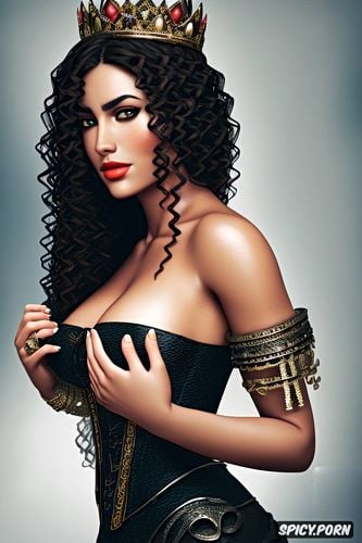 diadem, olive skin, arianne martell, long soft dark black hair in curly ringlets