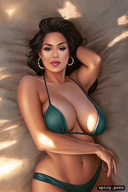 gorgeous face, latina female, 30 years old, sunbathing, big hips
