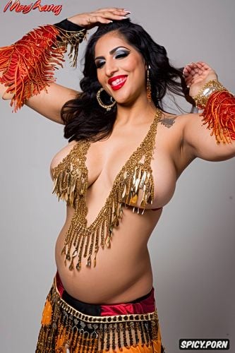 smiling, gorgeous voluptuous belly dancer, traditional piece belly dance costume