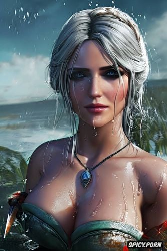 masterpiece, k shot on canon dslr, ultra detailed, ciri the witcher beautiful face tits out wet tits cum on face cum on tits full body shot