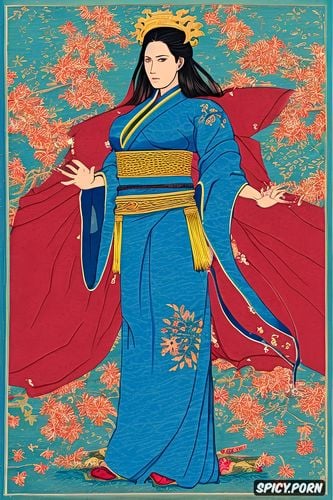 thick thai woman, flat painting japanese woodblock print, gold frame