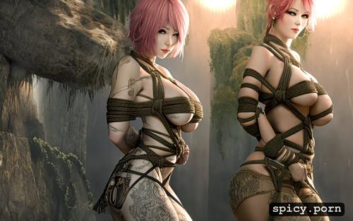 8k, rope bondage, sexy korean female, big hips, thick body, medium breasts