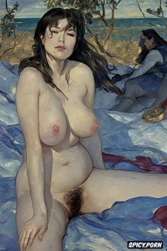 egon schiele, big tits, spreading legs, realism painting, asian iranian woman