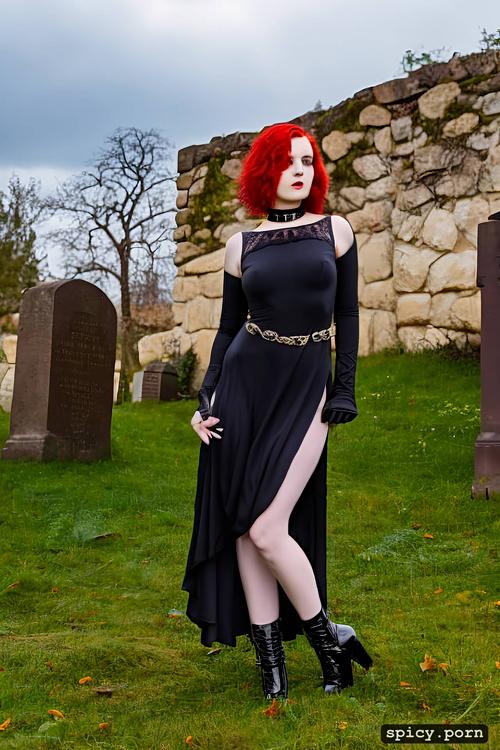 high boots, pale goth teen, cum on face, full body, tomb, dyed red hair
