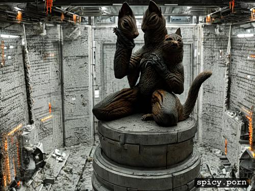 small, seen in a nuclear vault, very horror like, scary metall figure in a non terrestrial style of a kind of squirrel and cat mixture like horror creature sitting on a pedestal