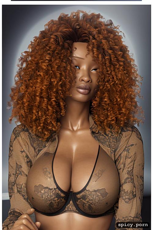 perfect body, ebony woman, ahegao face, ginger hair, curly hair