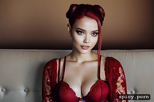 perfect body, ebony, red hair, petite, lingerie, intricate, 32b breast size
