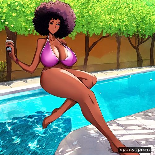 20 years, huge afro, huge breasts, ass focus, pool, looking behind