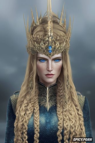 blue eyes, diadem, flowing royal gown, concept art, dragon age