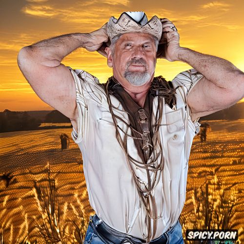 cowboy hat1 2, correct anatomy, hdr, mid shot1 2, upper body 60yo cowboy man posing at cinematic sunset vintage countryside1 5