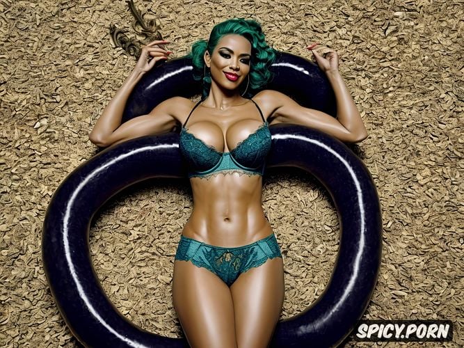 athletic, filipino woman vs giant anaconda thick tentacle, lace lingerie