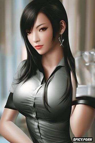 k shot on canon dslr, ultra detailed, masterpiece, tifa lockhart final fantasy vii rebirth black medical scrubs shirt open soft lights beautiful face asian skin tone portrait