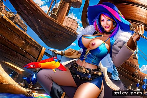 smiling, looking horny, 30yo, pirate outfit, open pirate coat exposing breasts multicolored parrot left eye patch