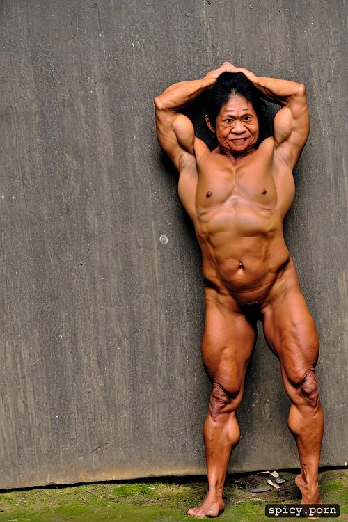 no missing limbs, nude, muscular legs, skinny body, filipina granny midget bodybuilder