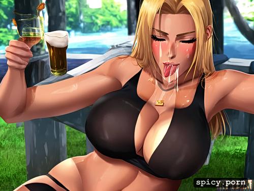 american lady, big boobs, drunk on beer, giving a blowjob, perfect face