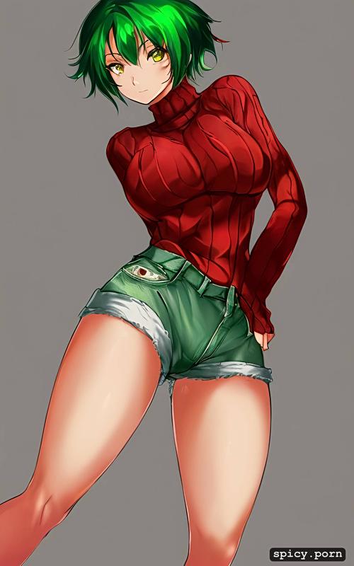 beautiful, anime woman, cute, jeans shorts, red sleeves, red sweater short hair