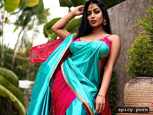 very lusty face, 30 years old, full body front view, saree, oiled athletic body
