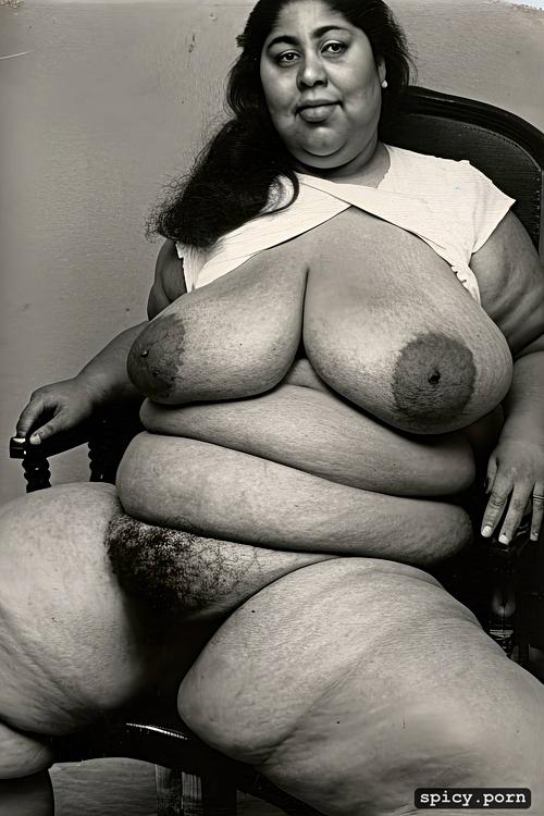 latina woman, bbw, fat rolls, long belly, huge fat belly, long and heavy breasts she is sitting on a chair admiring how fat she has become her legs are spread to let her belly hang between them covering her vagina her hands are holding the sides of her belly as she masturbates obese
