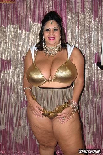 smiling, beautiful costume, color photo, front view, massive saggy breasts