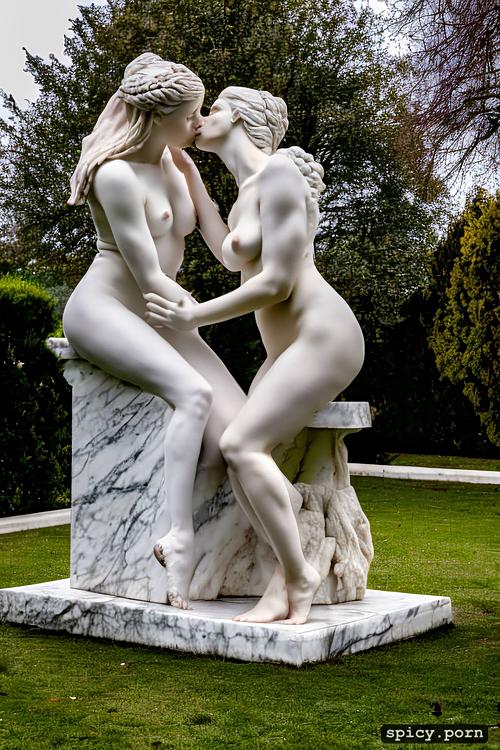 greek, white marble, monument, kissing, slim body, park, lesbians