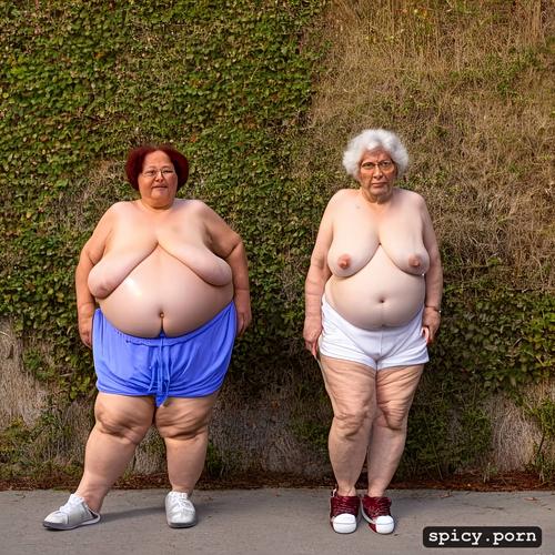 white long legs shorts, 2 women, medium breast, small tits, a standing obese short grannies wearing long baggy shorts