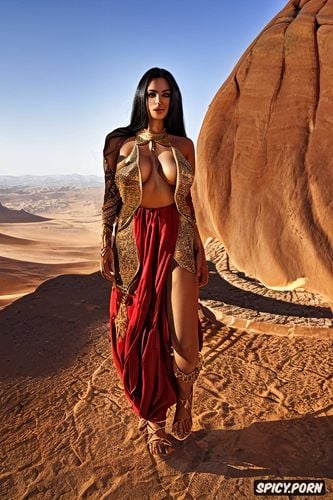 blue sky, topless, pagan arabian goddess al lat in traditional arabian clothing walking through wadi in beautiful