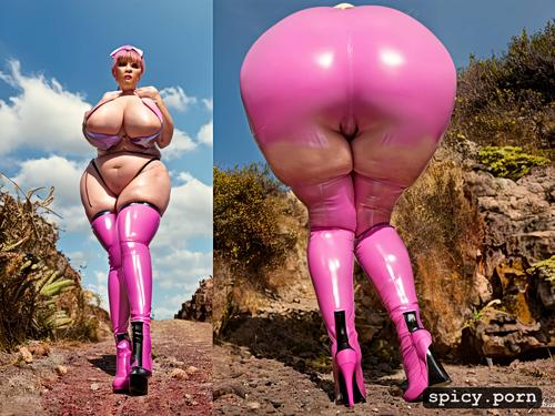 sagging tits, ass worship, wide hips, thick, photo, pink latex high heel boots thigh high