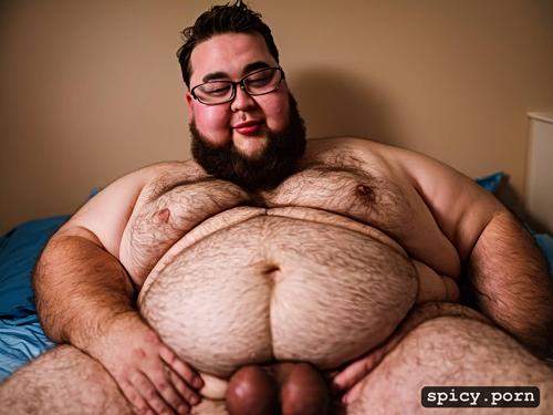 in bed room, whole body, super obese chubby man, naked, show large testicle