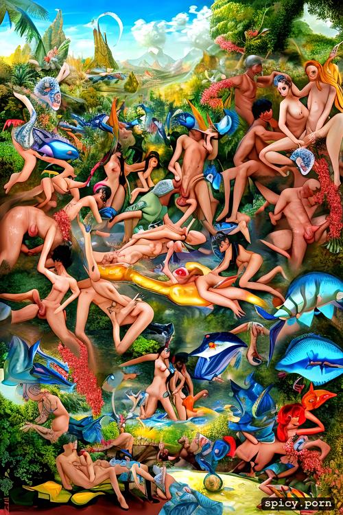 orgy in a paradise garden full of testicles and vulvas people sex in bizarre fish head costumes heironymous bosch style but with explicit sex and penises fucking vaginas style of bosch