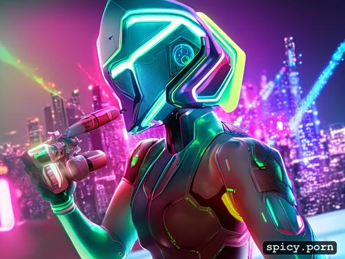 cyborg, with hifi music box on left and right side, with a very wide city view in the background