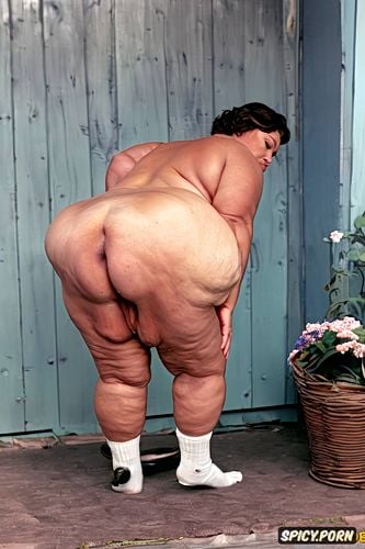 tan lines, front view, topless, an old fat milf standing naked with obese belly