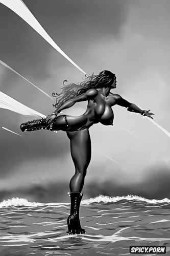 all naked ecxept black combat boots, inmiddle the ocean, seen from side head to feet sexy beautiful very strong muscular teen goddess