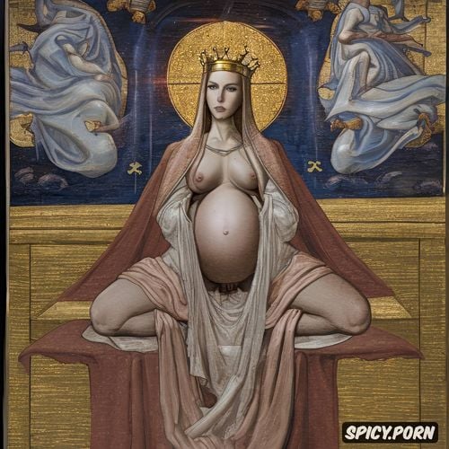 renaissance painting, pregnant, crown radiating, spreading legs shows pussy
