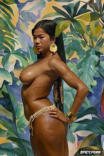 fauvism, detailed face, painterly, wide hips, jungle, very shy