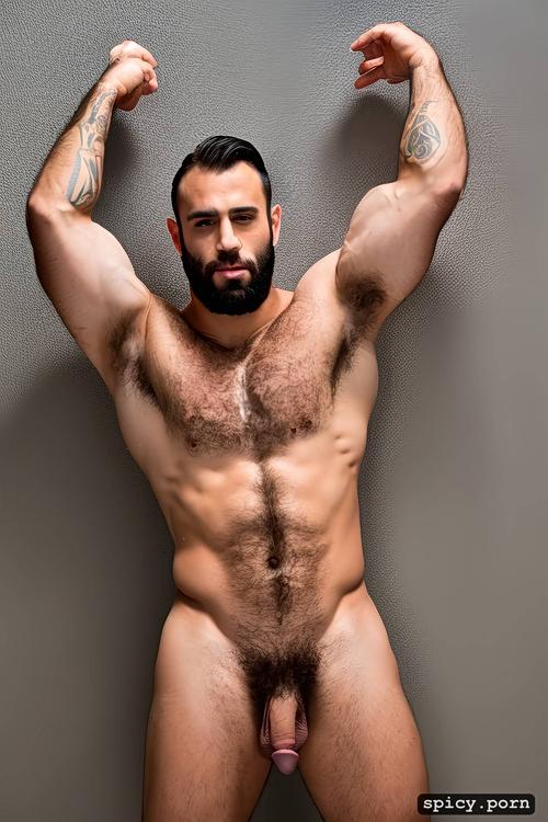 italian, hairy chest, showing hairy armpits, beard, arms up