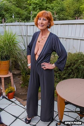 horny, gilf is ripe and contemporary, sexy, shapely, wearing tight jumpsuit