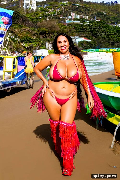 beautiful smiling face, copacabana beach, long hair, 72 yo beautiful white rio carnival dancer