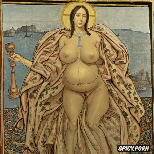 holding a sphere, wide open, spreading legs, medieval, virgin mary nude