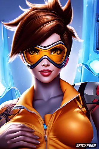 ultra detailed, ultra realistic, tracer overwatch topless tits out tattoos beautiful face portrait muscles