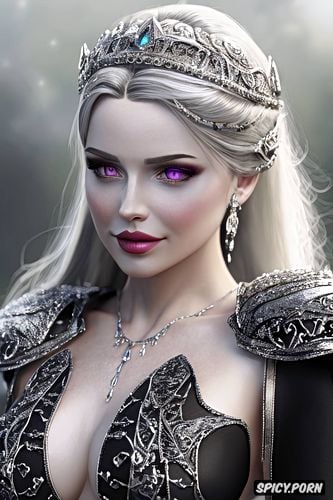 pale purple eyes, full lips, wearing black scale armor, tiara