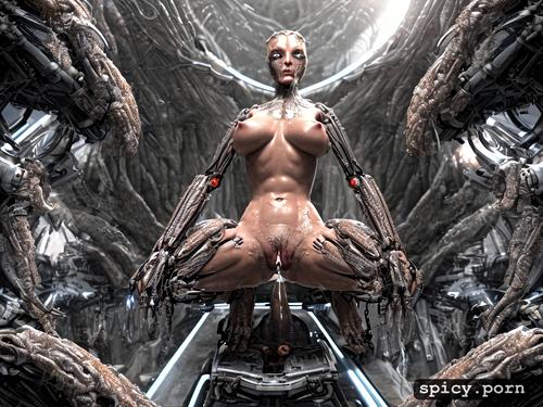 fully nude, beautiful sex goddess, squatting on alien biomechanical dildo