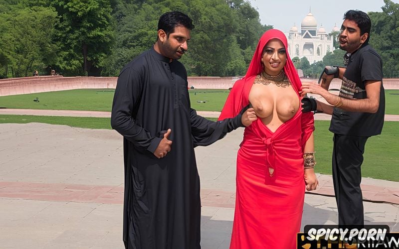 pakistani teen muslim wife wearing burkha, cornered by tall indian men infront of taj mahal