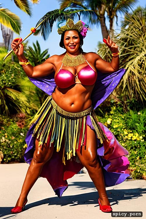 69 yo beautiful hawaiian hula dancer, color portrait, intricate beautiful hula dancing costume
