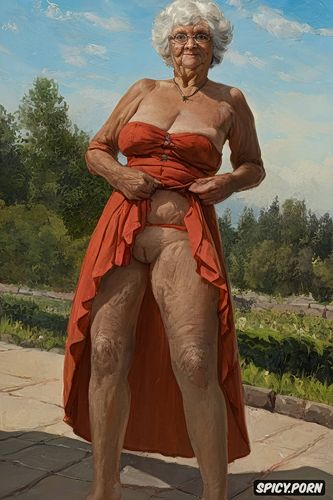 the fat grandmother has nude pussy under her skirt shows open realistyc labia upskirt very old